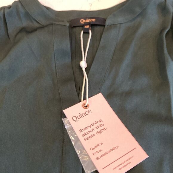 NEW Quince Washable Mulberry Silk Pleat Back 3/4 Puff Sleeve Blouse Green XS - Picture 5 of 10